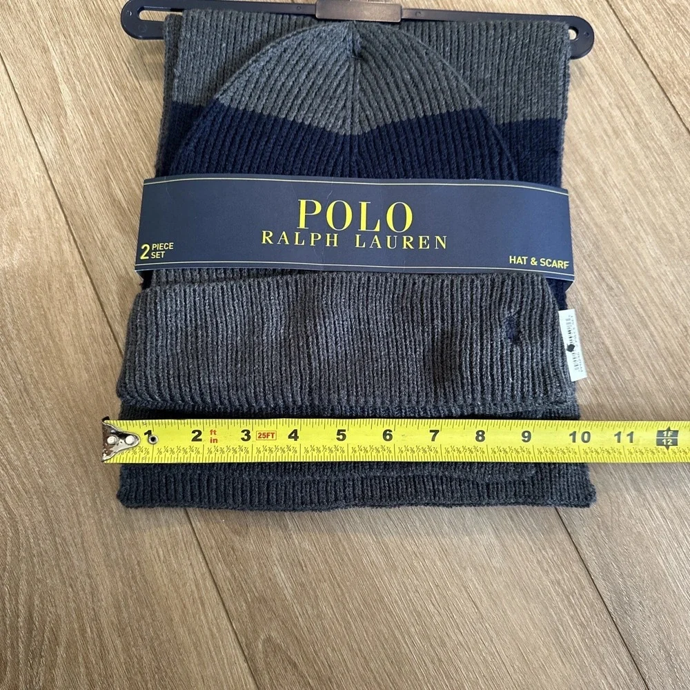 Polo Ralph Lauren Hat & Scarf Set Gray & Navy Blue, Embroidered Pony BRAND‎ NEW